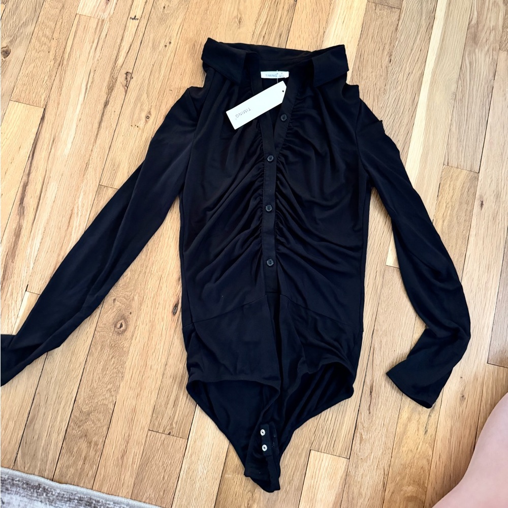 Black collared button up body suit with tags size Medium
